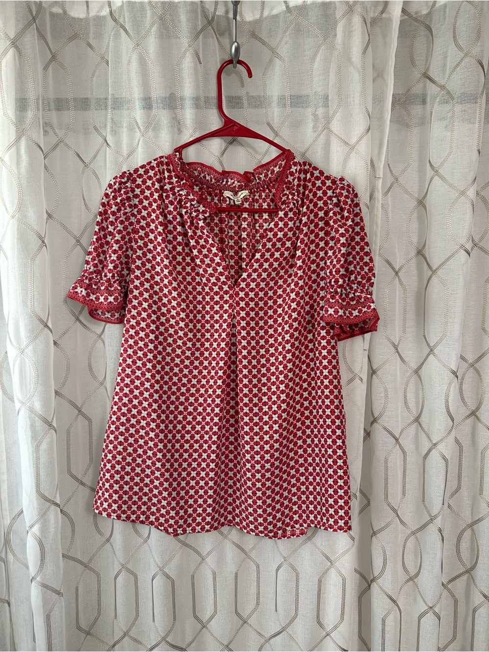 Red Printed Short-Sleeve V-Neck Blouse